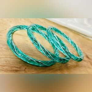 VTG Venetian Italy Murano Glass Teal/Black/Wht Twisted Rope Bangle Bracelet Rare